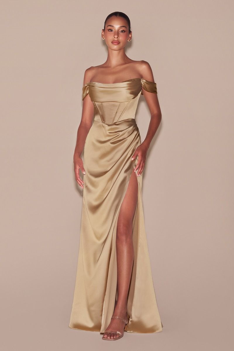 Ladivine 7492 Elegantly Fitted Satin Evening Gown with Leg Slit 2 / Espresso Ladivine 7492 Elegantly Fitted Satin Evening Gown with Leg Slit 2 / Espresso