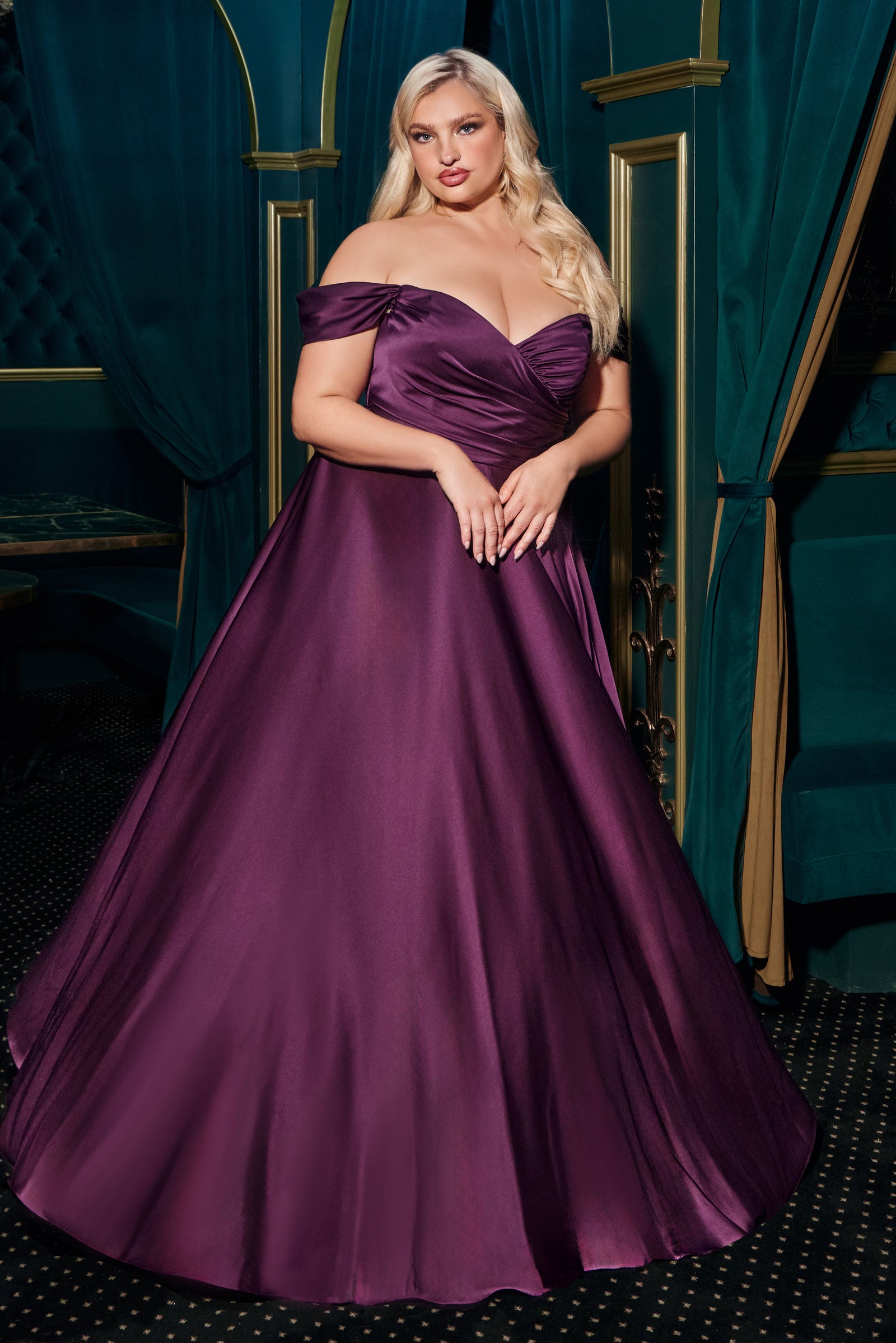 Ladivine 7493 Elegant A-line Satin Gown with Leg Slit 18 / Eggplant Ladivine 7493 Elegant A-line Satin Gown with Leg Slit 18 / Eggplant