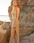 one shoulder gold beaded dress