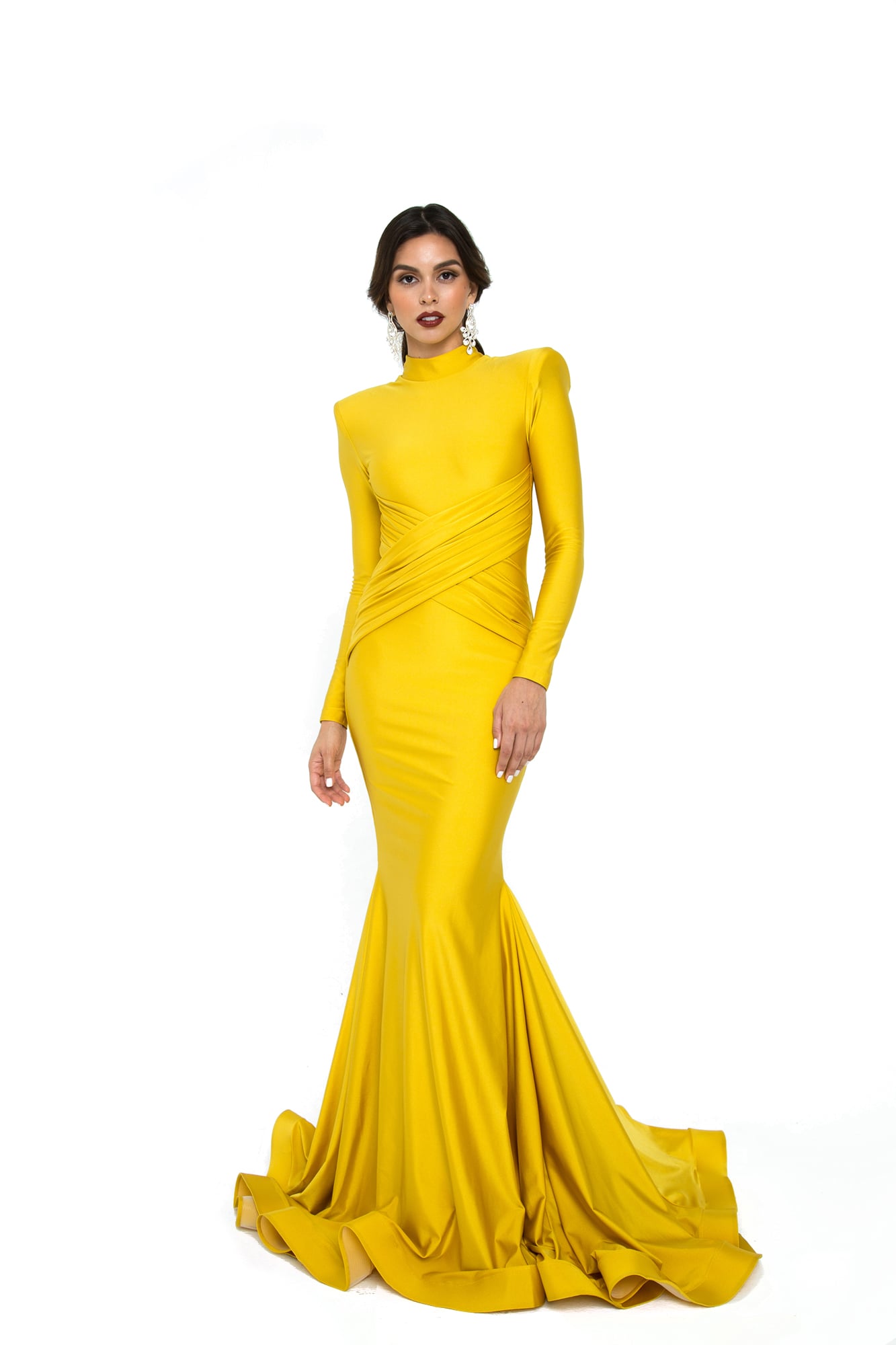 Atria 6500 High Neck Long Sleeve Formal Gown Brown / XS Atria 6500 High Neck Long Sleeve Formal Gown Brown / XS