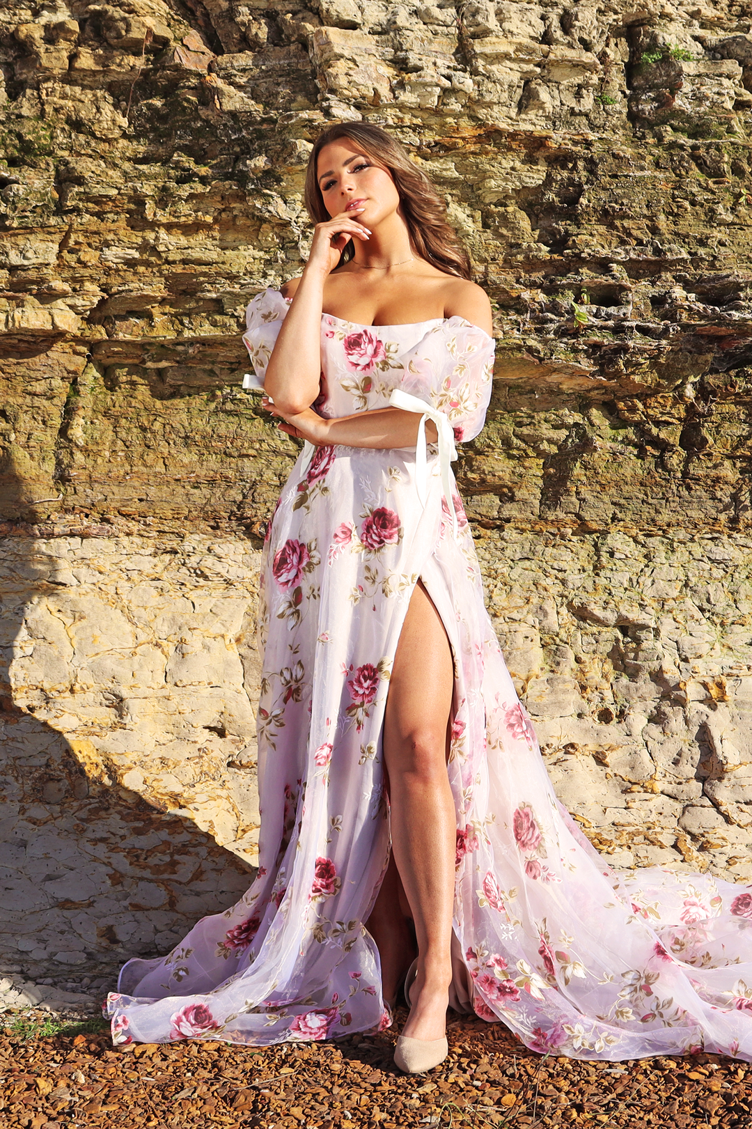 ivory rose floral print prom dress