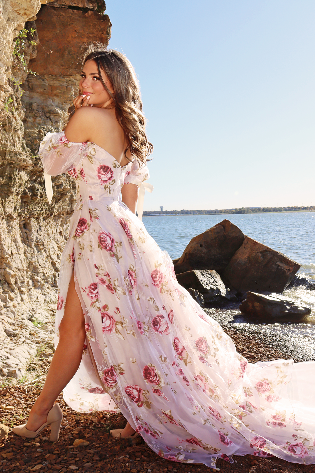ivory rose floral print prom dress