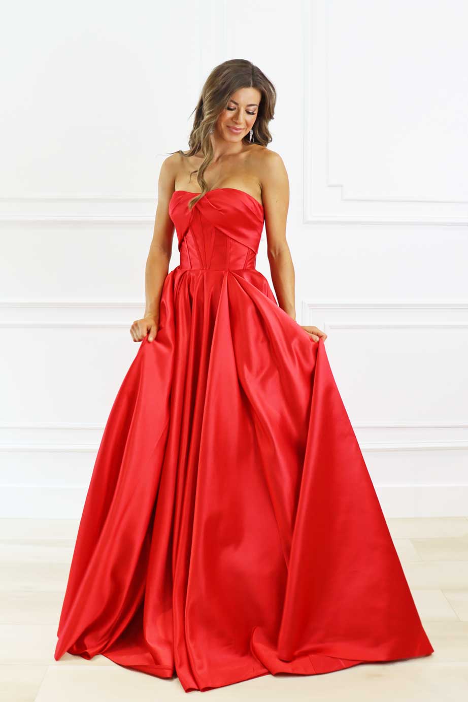 red satin corset bustier dress