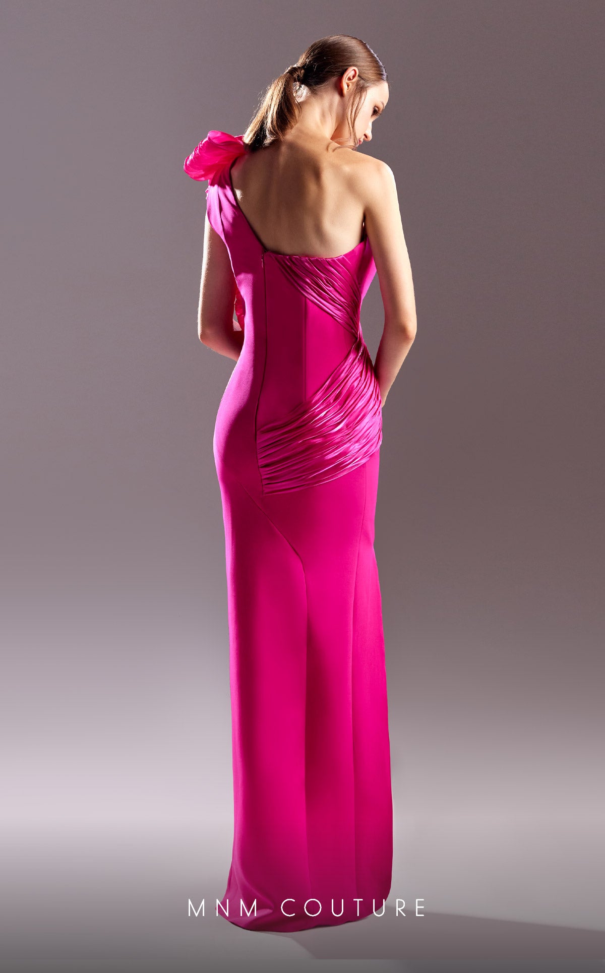 G1530 MNM Couture one shoulder pink evening gown with flattering fabric draping and  front slit