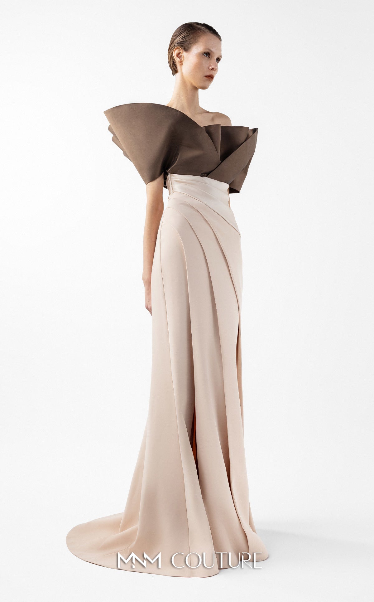 g2000 black dress MNM Couture Elegant Sculptural Couture Evening Gown Brown-Beige / 14 Size:US12-UK14-EUR42 BRANDBOOM sleek draped skirt Mother of the Bride