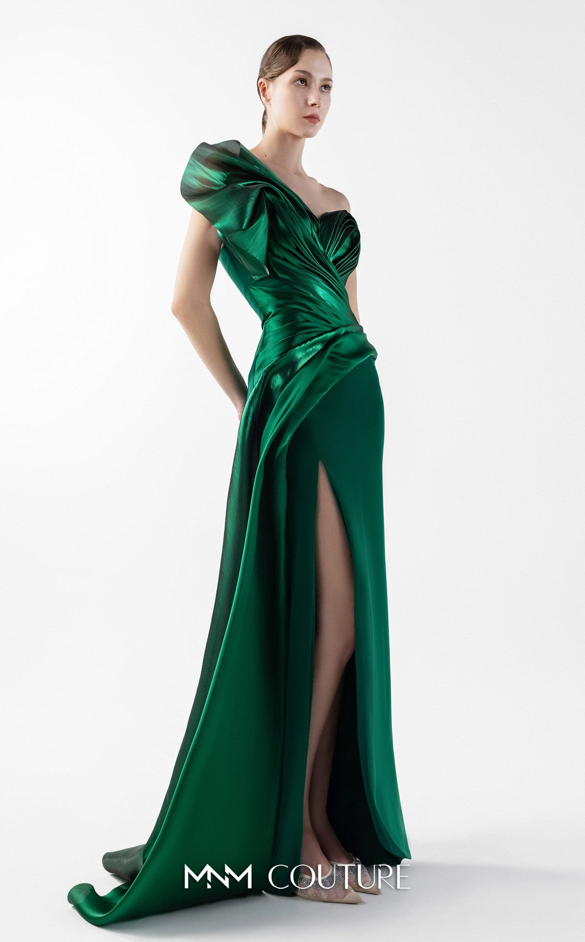 green m&m dress MNM Couture G2023 Elegantly Fitted with Flare Evening Gown Emerald / 2 Colour:BIRD BRAIN group-collection::Range Shirt line gown with a Pastel Flutter Sleeve Middy