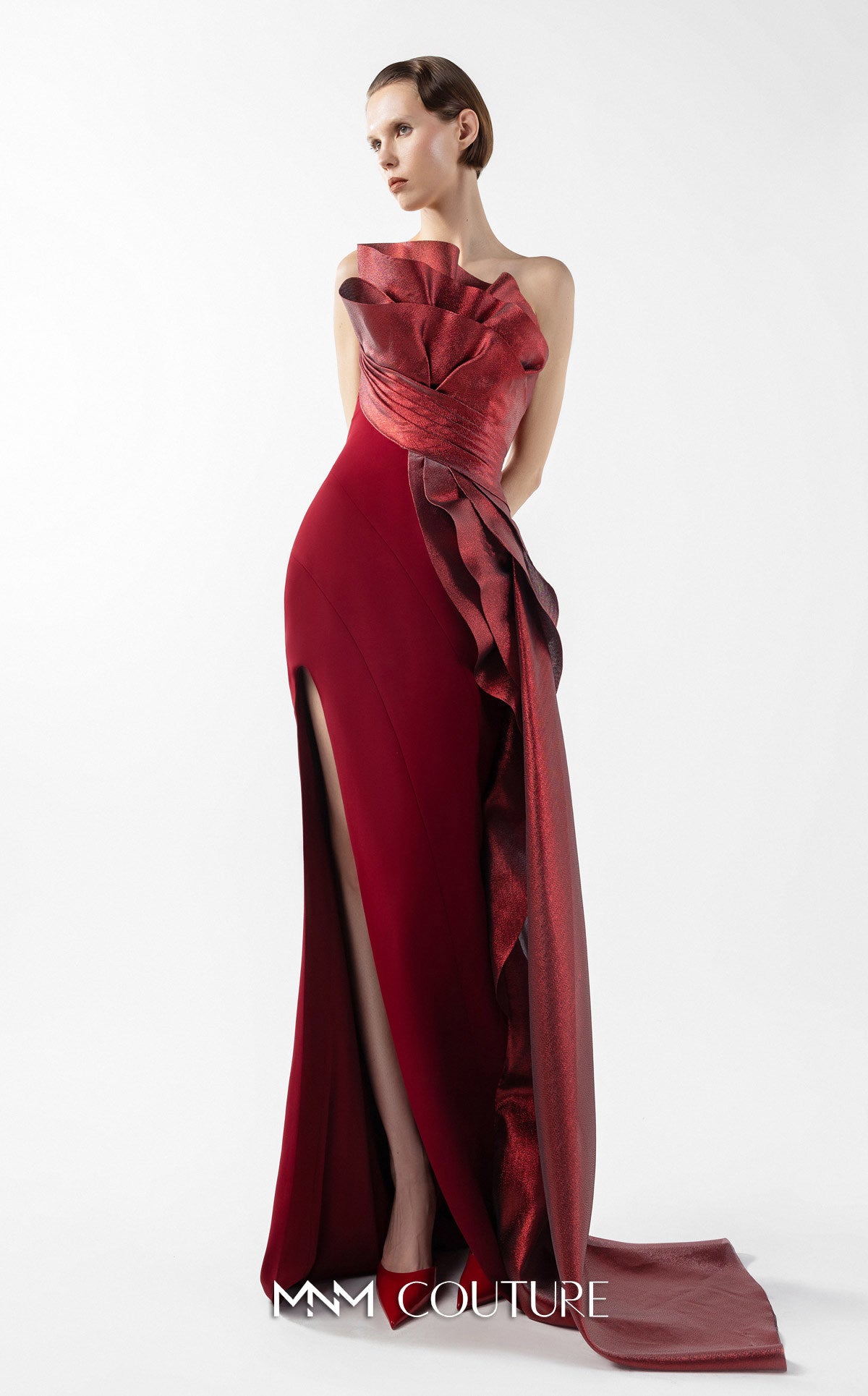 MNM Couture G2037 Elegantly Fitted with Flare Couture Evening Gown Burgundy / 18