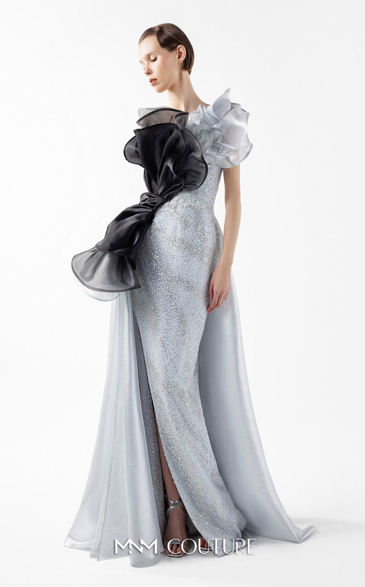 MNM Couture G2042 Elegantly Fitted Couture Evening Gown Silver / 22