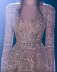 k3959 MNM Couture beaded deep V neckline aline gown with floor length sleeves and stunning detailing
