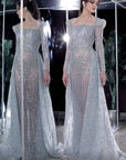 MNM Couture long sleeve beaded gown with overskirt