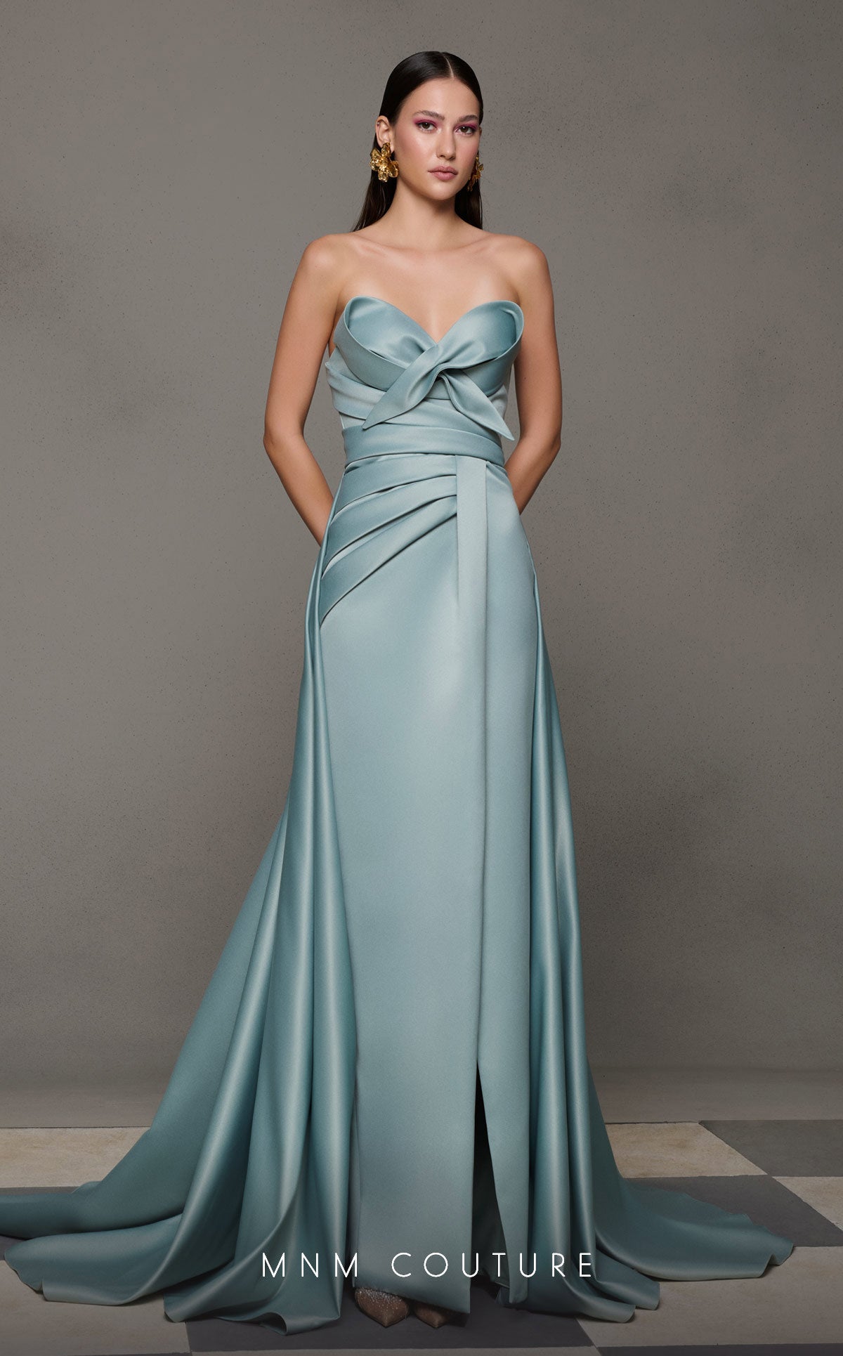 MNM Couture N0626 Elegantly Fitted Evening Gown with Side Overskirt Mint / 18