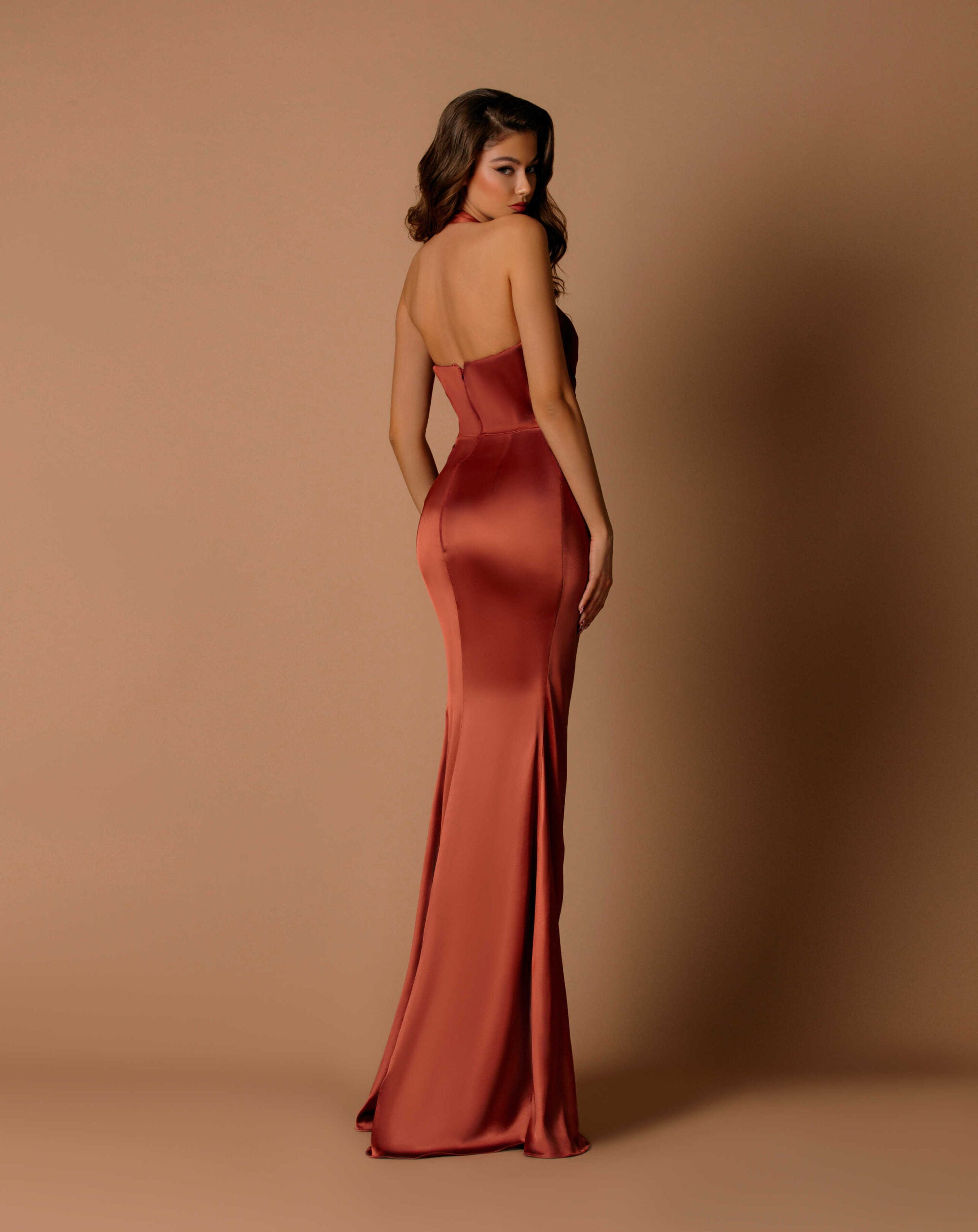 Nicoletta NBM1038 Formal Fitted Evening Gown Criss-Cross Halter Neck with Leg Slit Bronze / 8 Nicoletta NBM1038 Formal Fitted Evening Gown Criss-Cross Halter Neck with Leg Slit Bronze / 8
