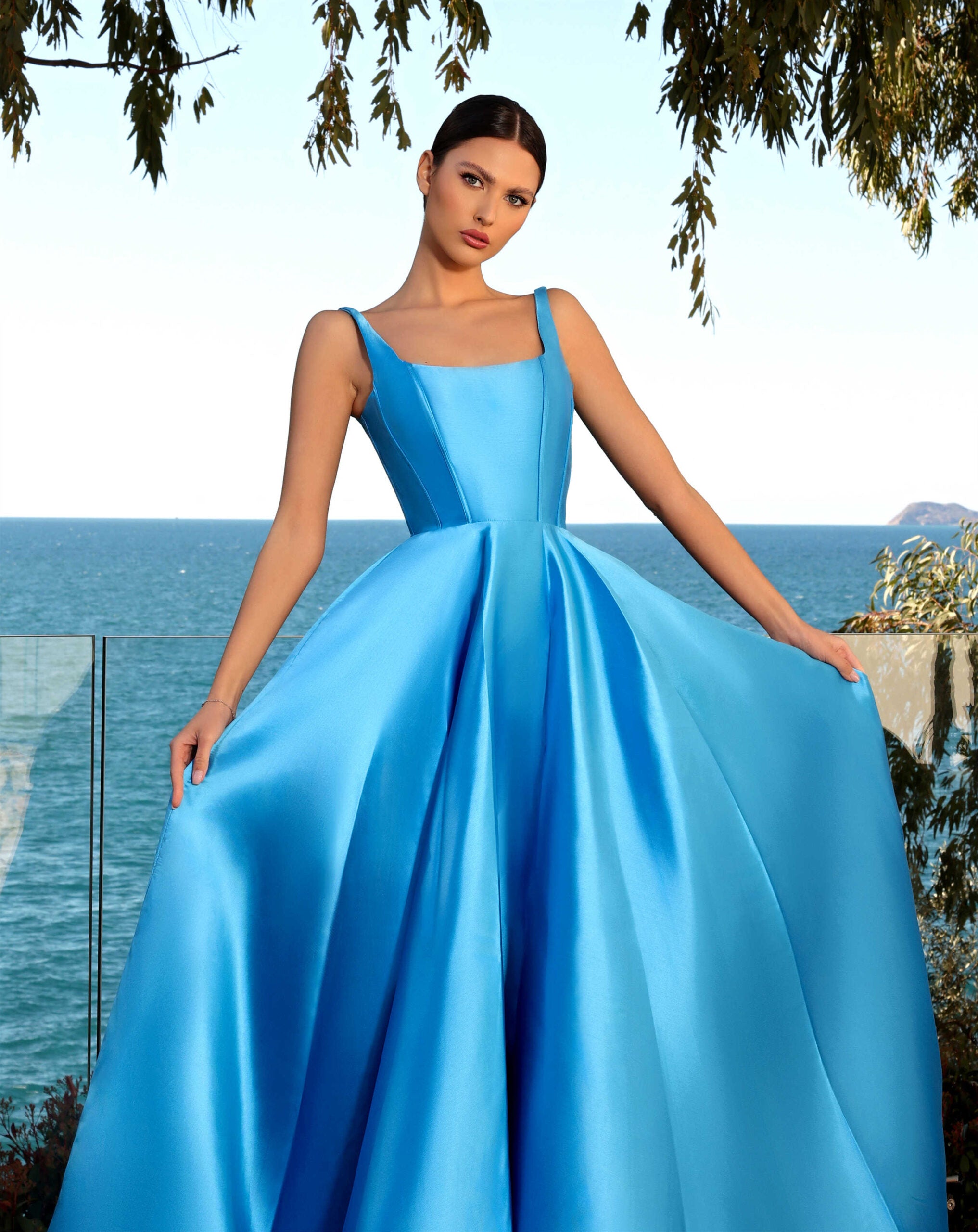 blue dress for baby girl Nicoletta NC2021 Elegant Ballgown with Square Neckline and Straps Cerulean / 6