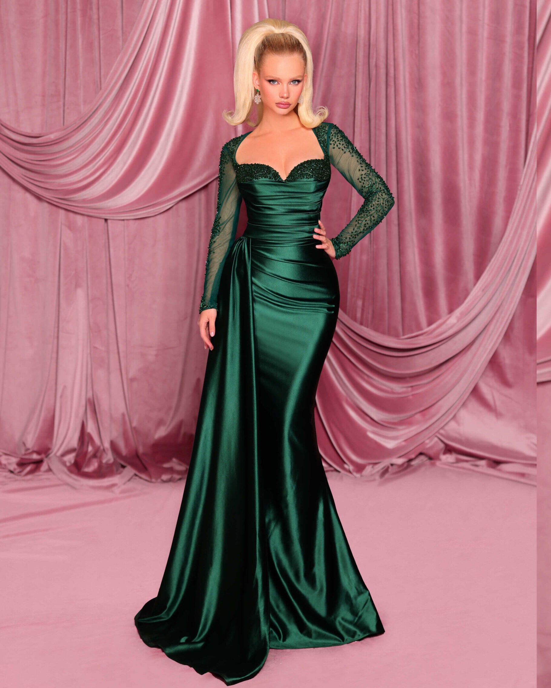 short white dress for engagement photos Shiny V Neck Backless Beaded Green Tulle Long Prom Dress, Green Lace F –  abcprom main image 0