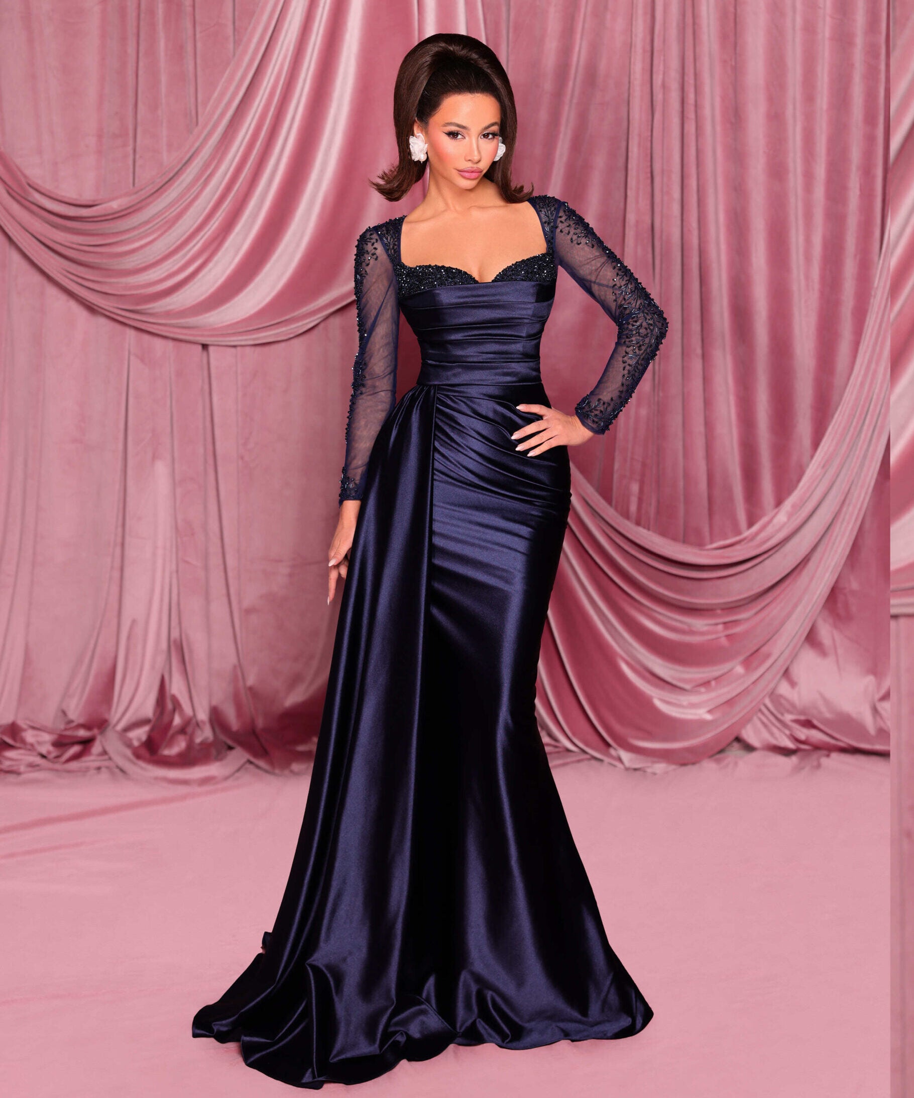 fitted lace wedding dress Starry Night Fit And Flare Long Sleeve Waist Fitted High Slit Maxi Star  Dress main image 1
