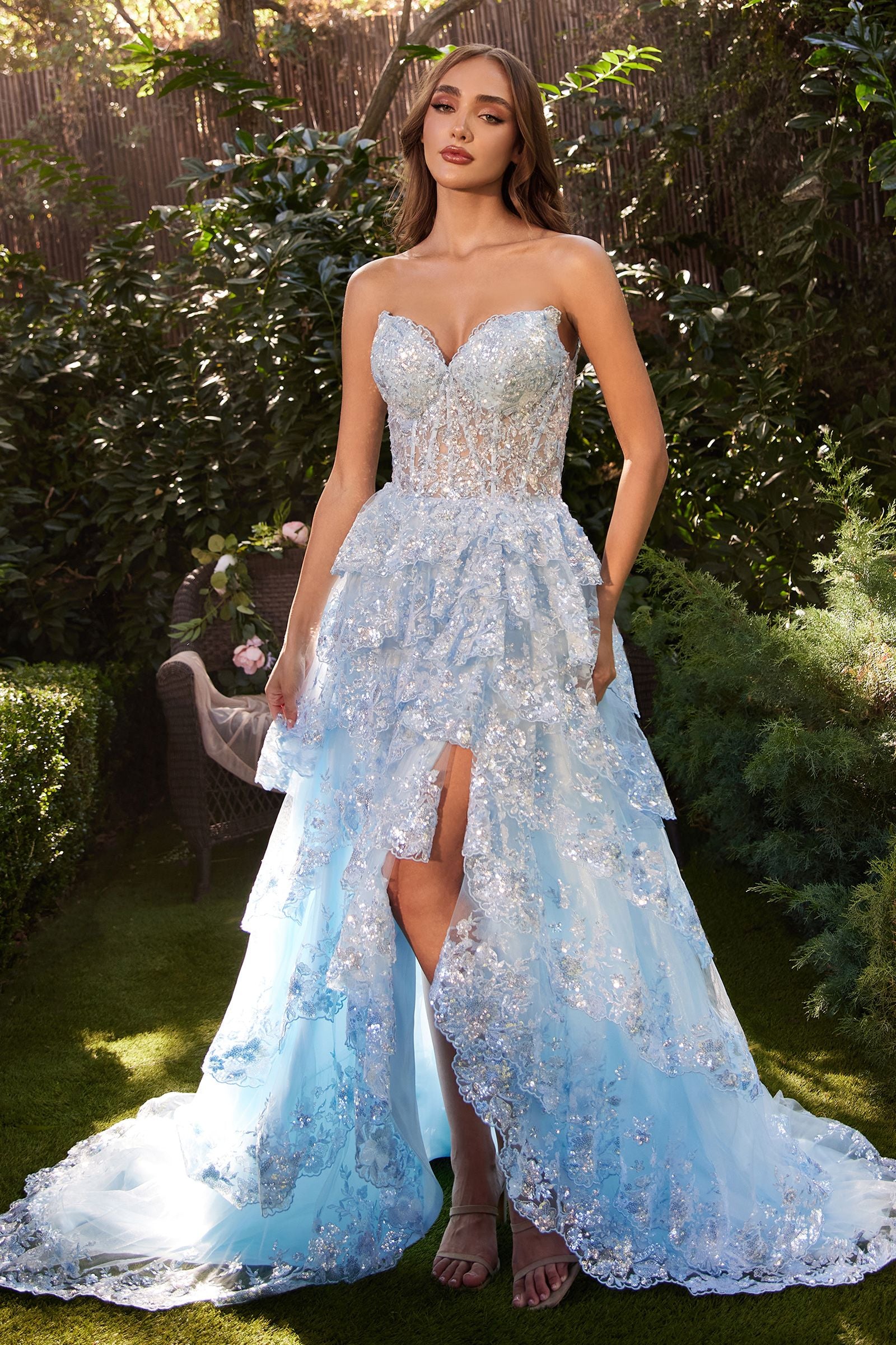 Pale blue strapless bridal gown, al-helena
