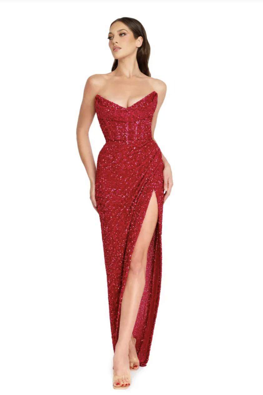 Nicole Bakti 7307 Red Sequins Dress 10 / Silver