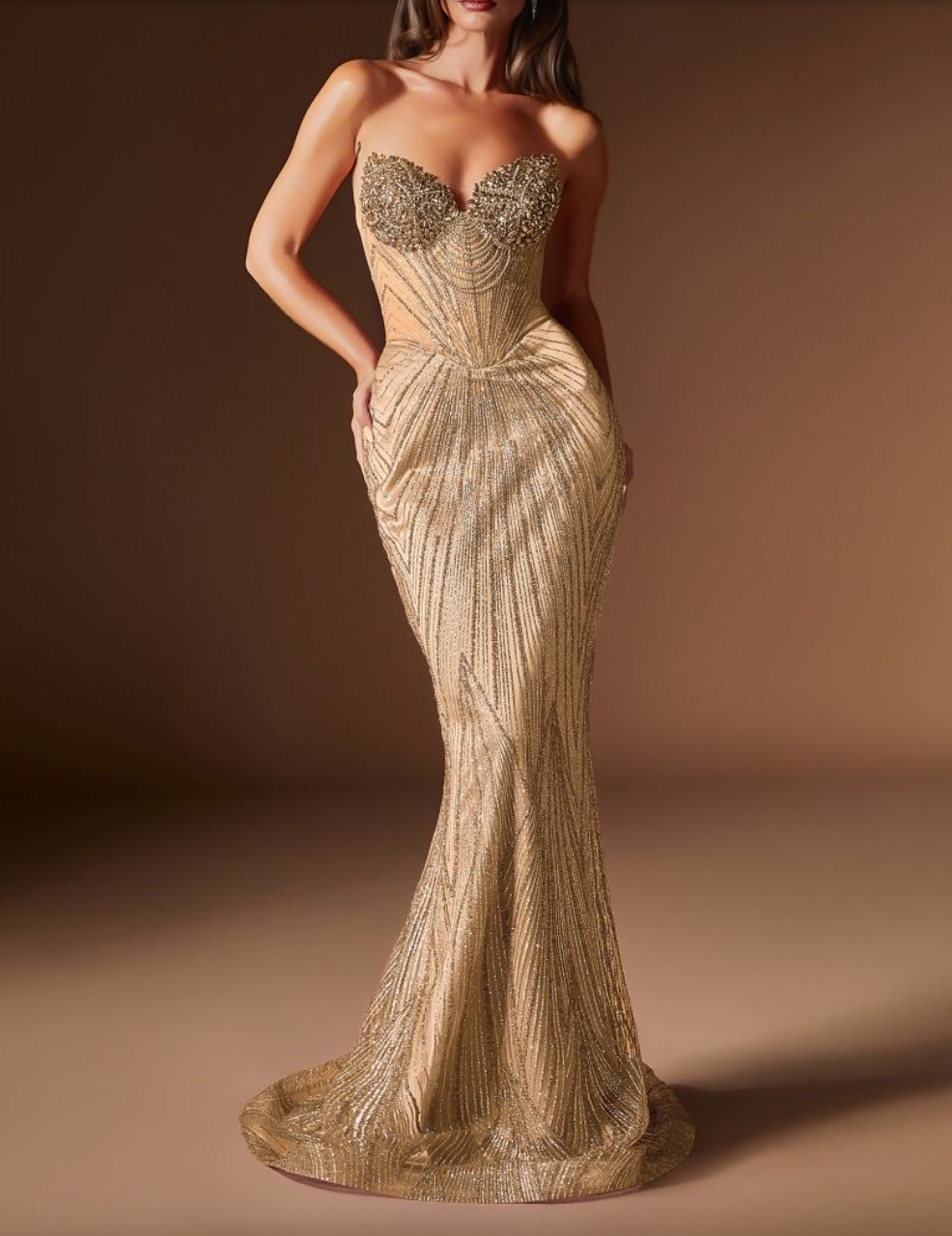 Ladivine J903 Fully Beaded Mermaid Gown with Heart Shaped Neck