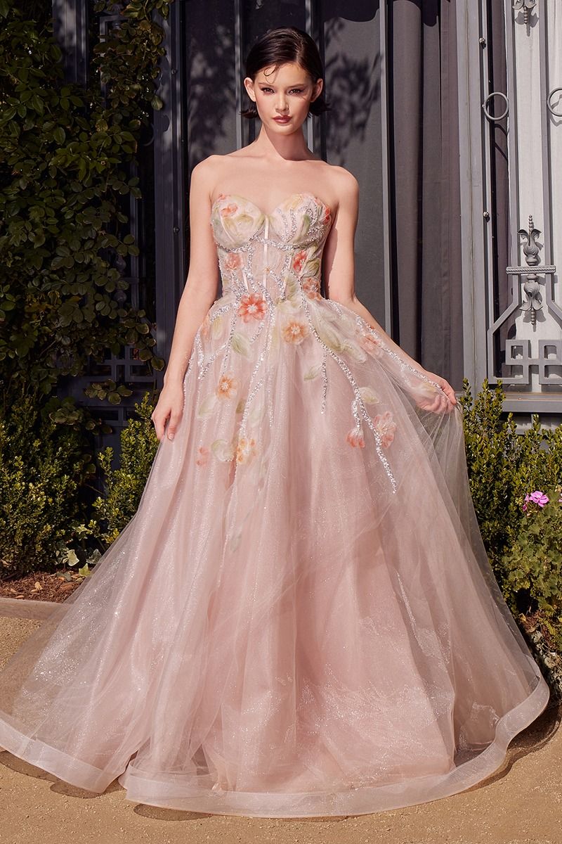 Andrea & Leo A1383 Elegant A-Line Ballgown with Leg Slit Peach / 10 Andrea & Leo A1383 Elegant A-Line Ballgown with Leg Slit Peach / 10