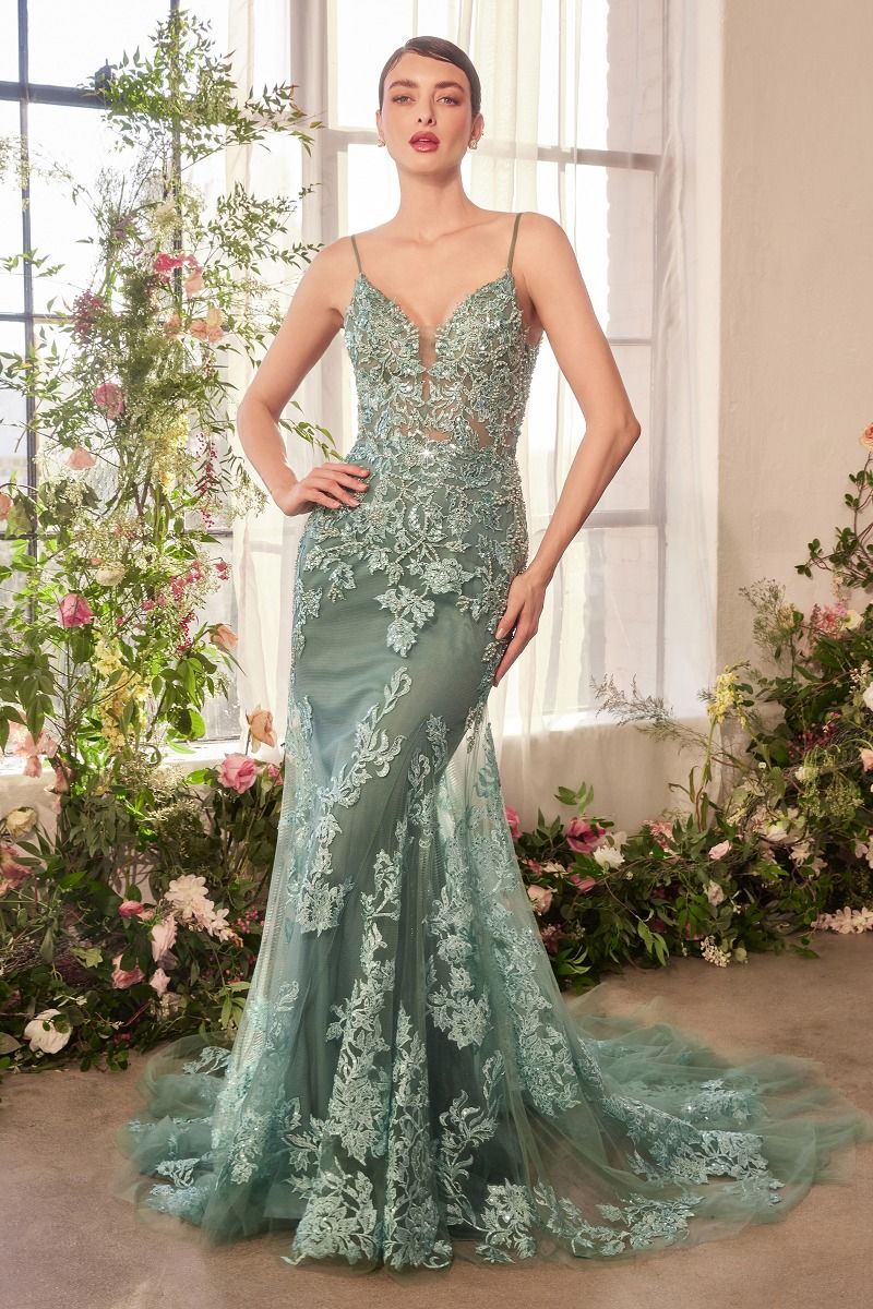 Andrea & Leo A1421 Elegant Lace Fitted Formal Gown Sage / 14 Andrea & Leo A1421 Elegant Lace Fitted Formal Gown Sage / 14