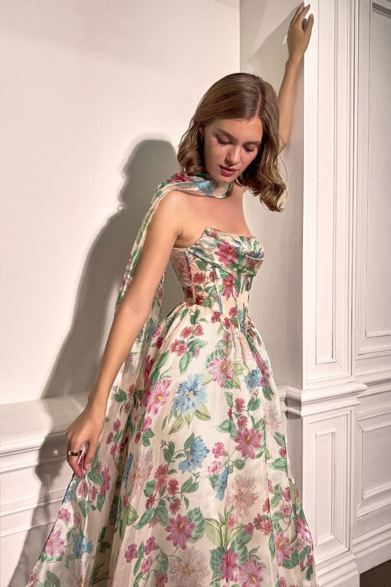 Andrea & Leo A1425 Elegant Floral A-line Formal Gown Pink-Blue / 14