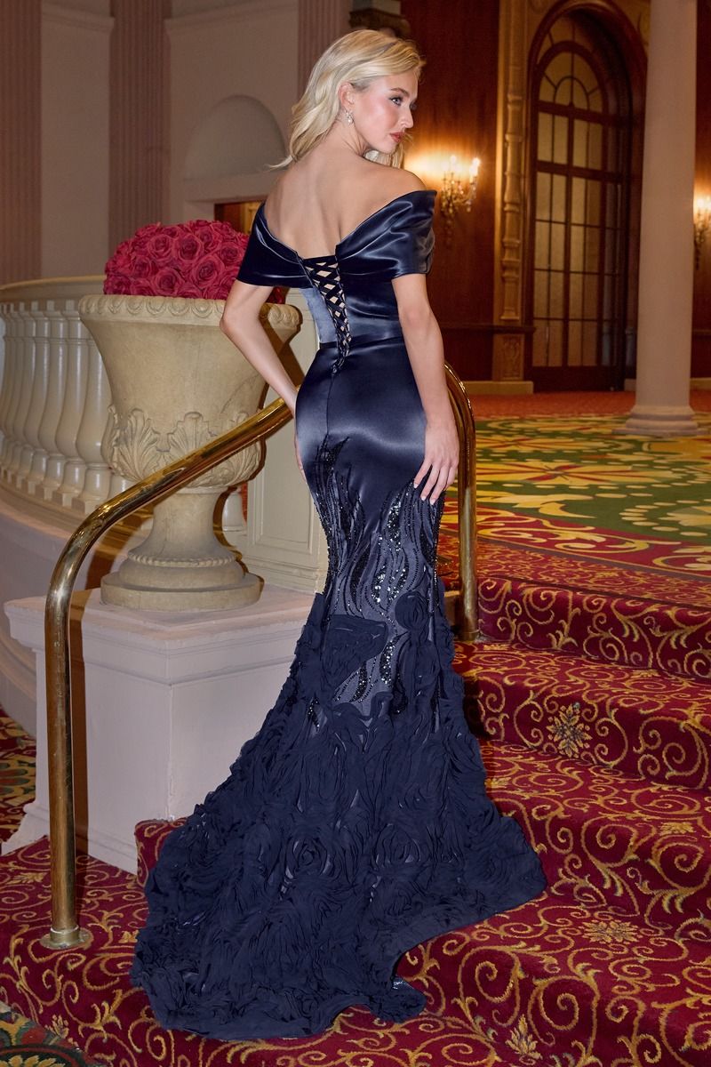 left my heart in rome mermaid dress Andrea & Leo A1482 Off The Shoulder Sweetheart Gown With Rosette Skirt Navy / 16
