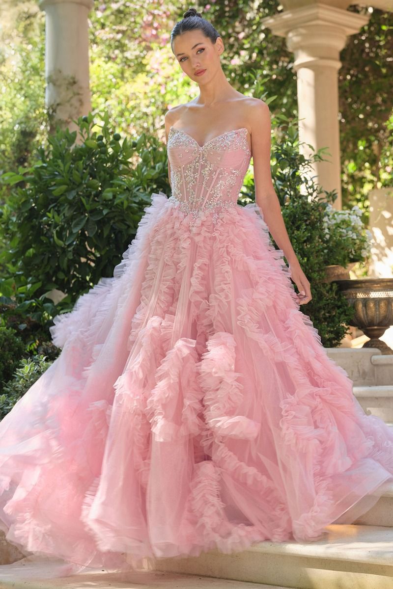 unminouアンミヌ バルーンフリルカットソー完売 rosy machatt Andrea & Leo A1483 Cascaded Ruffled A-Line Sweetheart Corset Ball