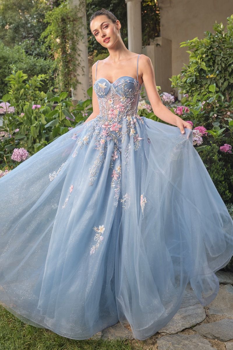 A&L A1490 Floral Embroidered A-Line Ball Gown With Sheer Corset Bodice –  Mia Bella Couture
