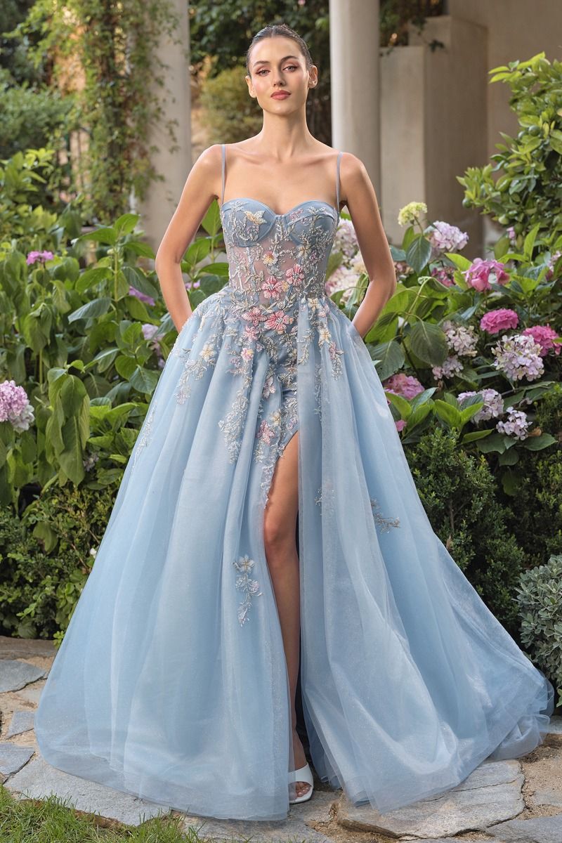 A&L A1490 Floral Embroidered A-Line Ball Gown With Sheer Corset Bodice Blue / 12 A&L A1490 Floral Embroidered A-Line Ball Gown With Sheer Corset Bodice Blue / 12