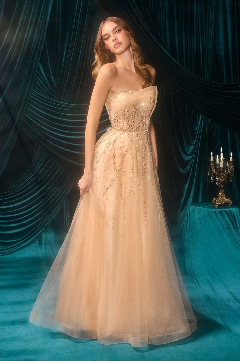 A&L A1491 Strapless Beaded A-Line Gown with Asymmetrical Sheer Corset Champagne / 4 A&L A1491 Strapless Beaded A-Line Gown with Asymmetrical Sheer Corset Champagne / 4