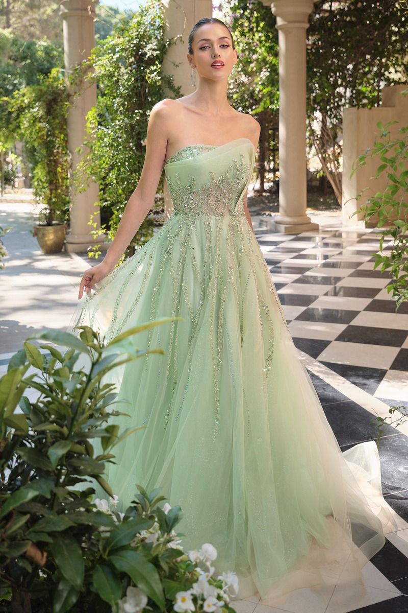 A&L A1491 Strapless Beaded A-Line Gown with Asymmetrical Sheer Corset Mia Bella Couture A&L A1491 Strapless Beaded A-Line Gown with Asymmetrical Sheer Corset Mia Bella Couture