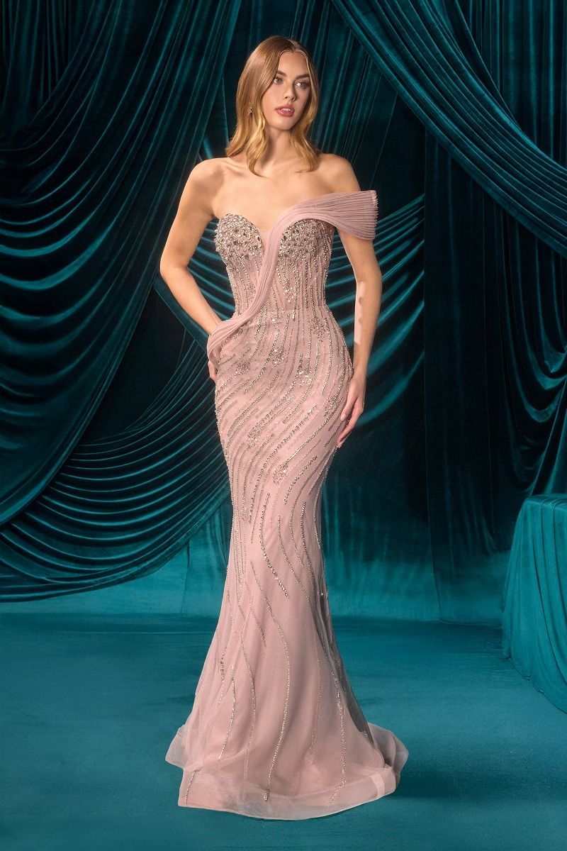 mermaid wrap dress A&L A1504 Crystal-Embellished Mermaid Gown with Sculpted Wrap Detail Mauve / 12