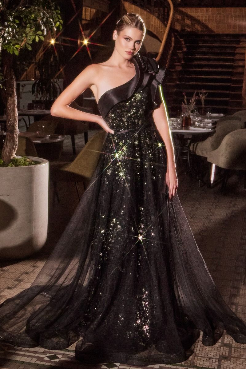 Ladivine CB157 Elegant A-line Gown with Asymmetric Neckline Mia Bella Couture Ladivine CB157 Elegant A-line Gown with Asymmetric Neckline Mia Bella Couture