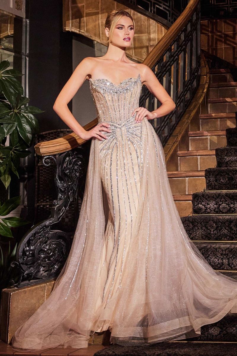 Ladivine CB158 Elegant Formal Fitted Gown with Overskirt Silver-Nude / 12 Ladivine CB158 Elegant Formal Fitted Gown with Overskirt Silver-Nude / 12