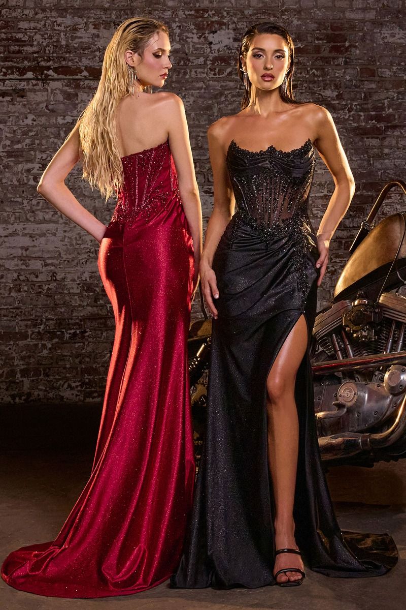 LaDivine CC463 Strapless Sweetheart Satin Gown With Beaded Corset