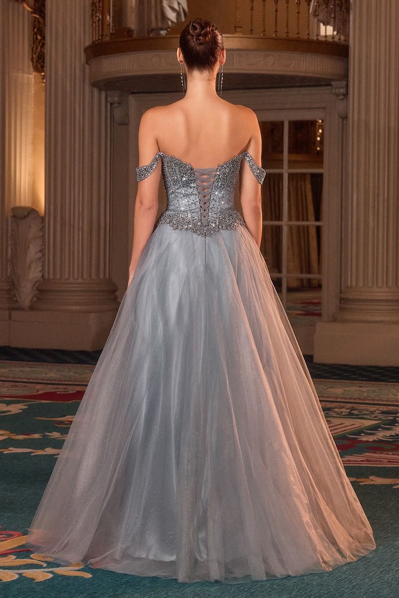 Ladivine CC471 Elegant Embellished A-line Ballgown Smoky Blue / 14 Ladivine CC471 Elegant Embellished A-line Ballgown Smoky Blue / 14
