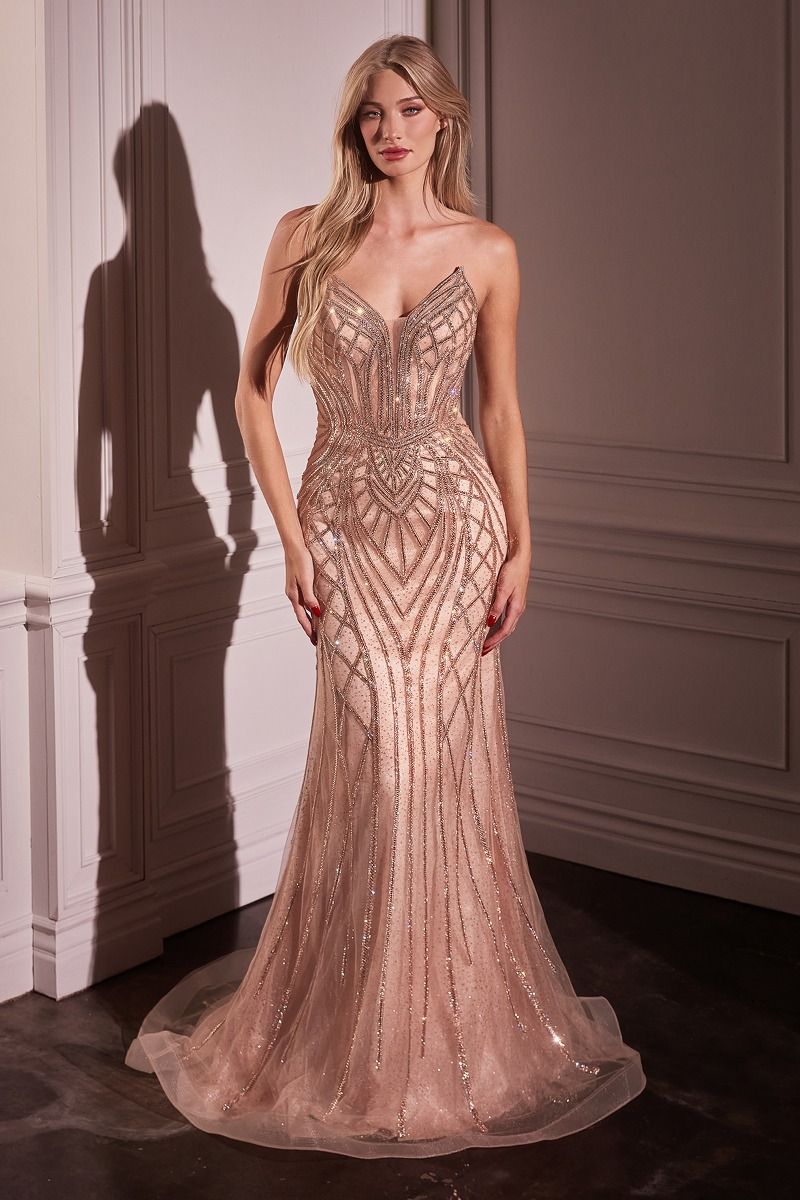 La Divine CC6018 Fit-and-Flare Crystal Embellished Formal Gown Rose Gold / 16 La Divine CC6018 Fit-and-Flare Crystal Embellished Formal Gown Rose Gold / 16
