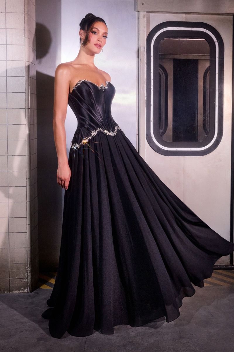 Ladivine CD668 Structured Satin Corset with Flowy A-Line Chiffon Skirt Black / 4 Ladivine CD668 Structured Satin Corset with Flowy A-Line Chiffon Skirt Black / 4