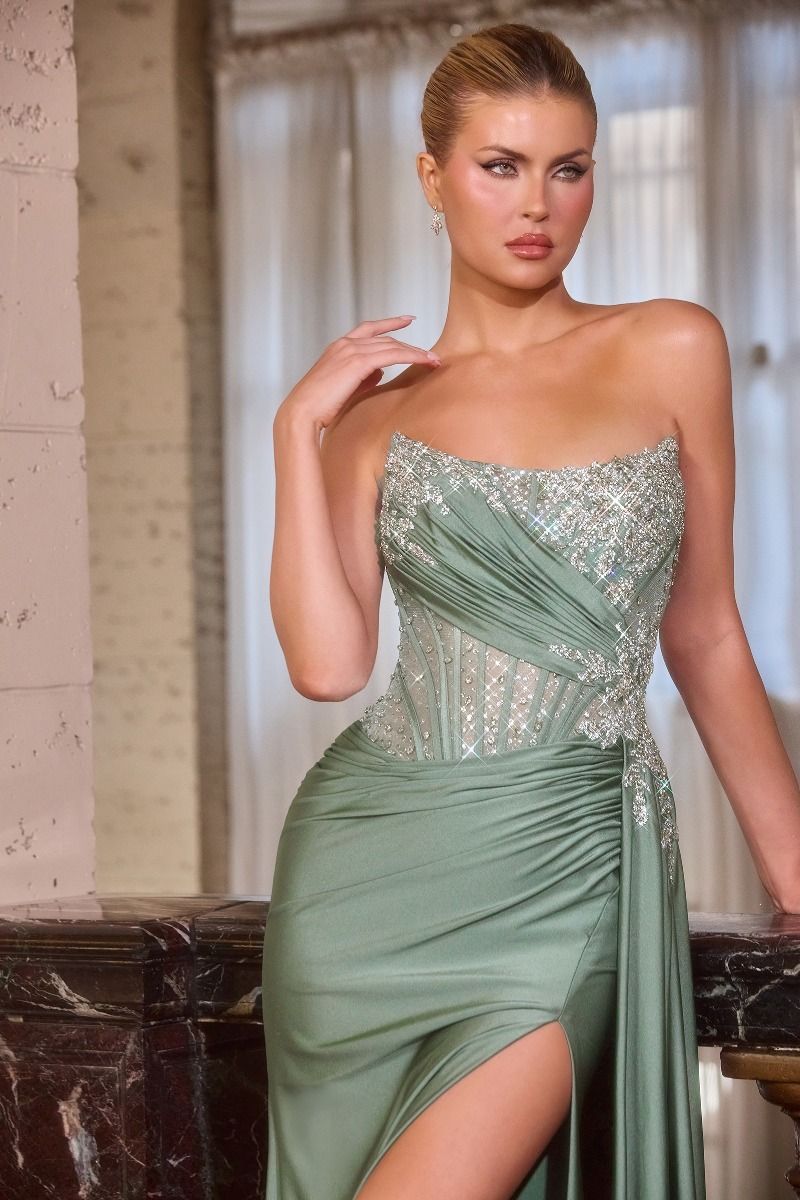 Ladivine CD689 Elegantly Fitted Embellished Formal Gown Moss Green / 0