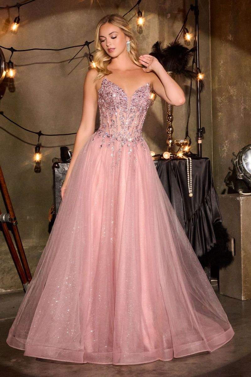 pink dress with sparkles Ladivine CD721 Elegantly Embellished Ballgown with Sparkle Tulle Mauve / 8