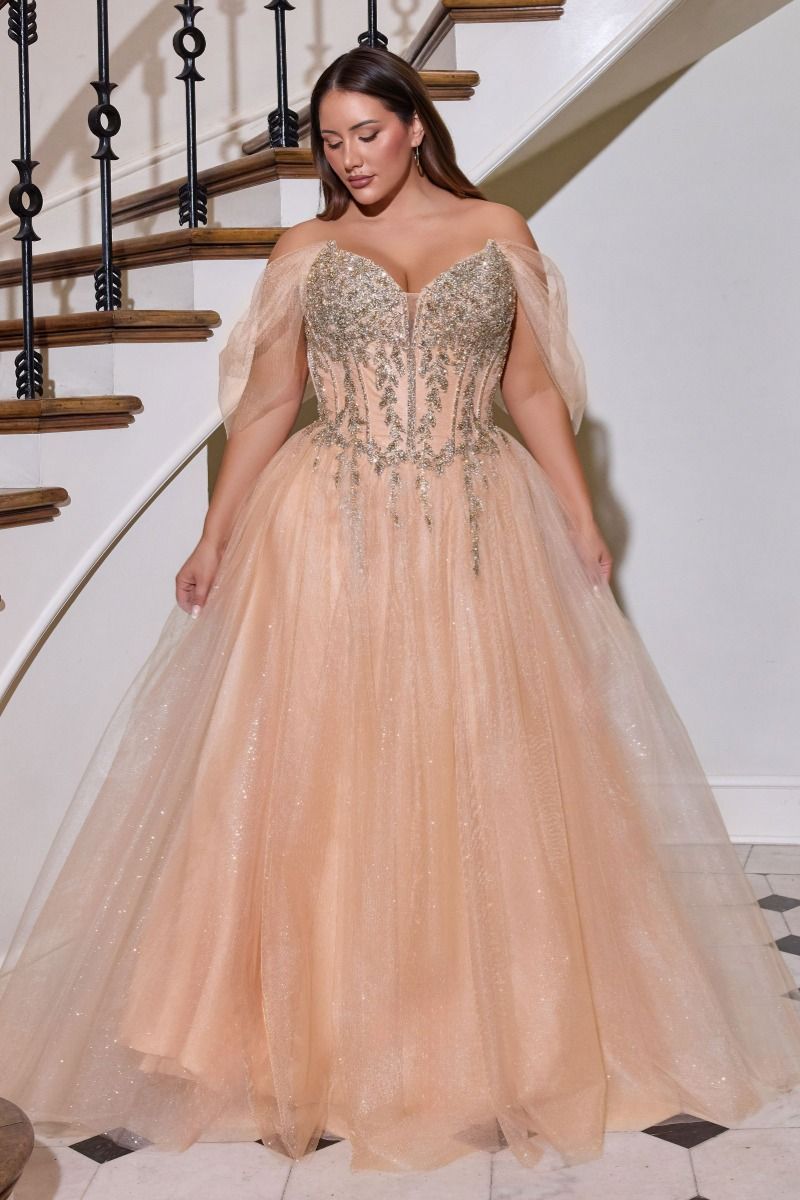Ladivine CD721C Embellished Corset Gown with Glitter A-Line Skirt Gold / 22 Ladivine CD721C Embellished Corset Gown with Glitter A-Line Skirt Gold / 22
