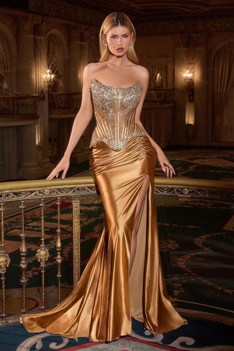 Ladivine CD733 Elegantly Fitted Embellished Evening Gown Sienna Gold / 18 Ladivine CD733 Elegantly Fitted Embellished Evening Gown Sienna Gold / 18