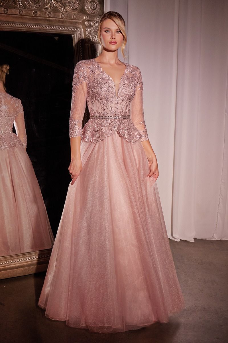 Ladivine CD789 V-Neck 3/4 Sleeve Peplum A-Line Dress with Lace Bodice Dusty Rose / 18