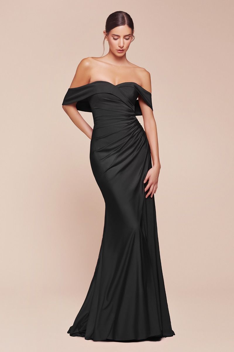 lace formal dresses plus size La Divine CD790 Fitted Stretchable Gown with Off-the-Shoulder Sleeves Front  Leg Slit Ruched Bodice; Perfect for Bridesmaids – Mia Bella Couture