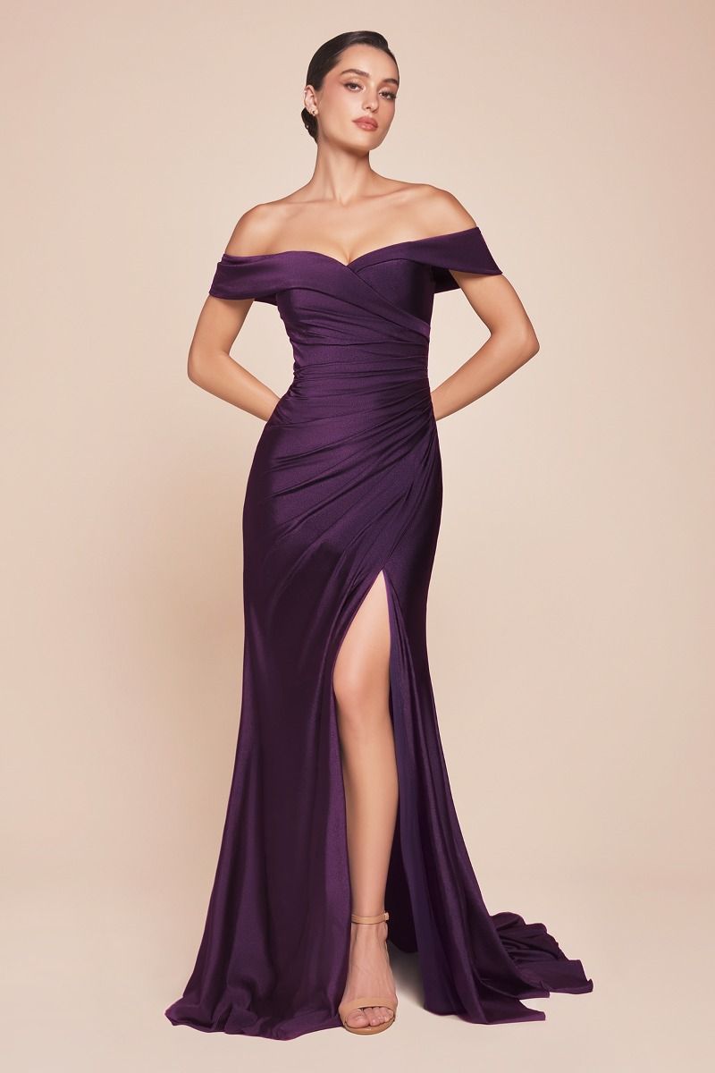 La Divine CD790 Fitted Stretchable Gown with Off-the-Shoulder Sleeves Front  Leg Slit Ruched Bodice; Perfect for Bridesmaids – Mia Bella Couture