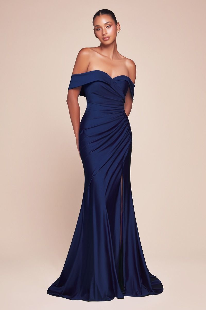 La Divine CD790 Fitted Stretchable Gown with Off-The-Shoulder Sleeves Front Leg Slit Ruched bodice; Perfect for Bridesmaids Navy / 6 La Divine CD790 Fitted Stretchable Gown with Off-The-Shoulder Sleeves Front Leg Slit Ruched bodice; Perfect for Bridesmaids Navy / 6