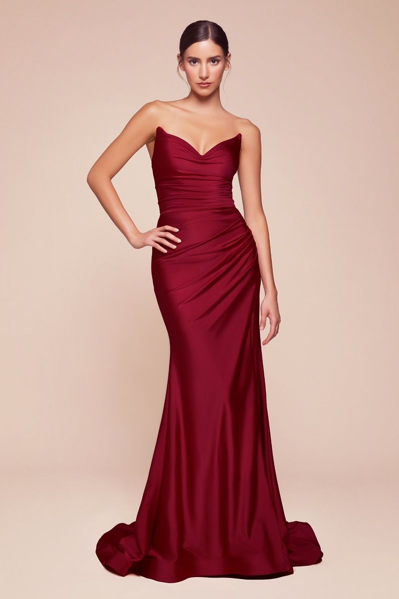 La Divine CD791 Fitted Stretchable Gown Sleeveless Front Leg Slit Ruched Bodice; Perfect for Bridesmaids Burgundy / 12 La Divine CD791 Fitted Stretchable Gown Sleeveless Front Leg Slit Ruched Bodice; Perfect for Bridesmaids Burgundy / 12