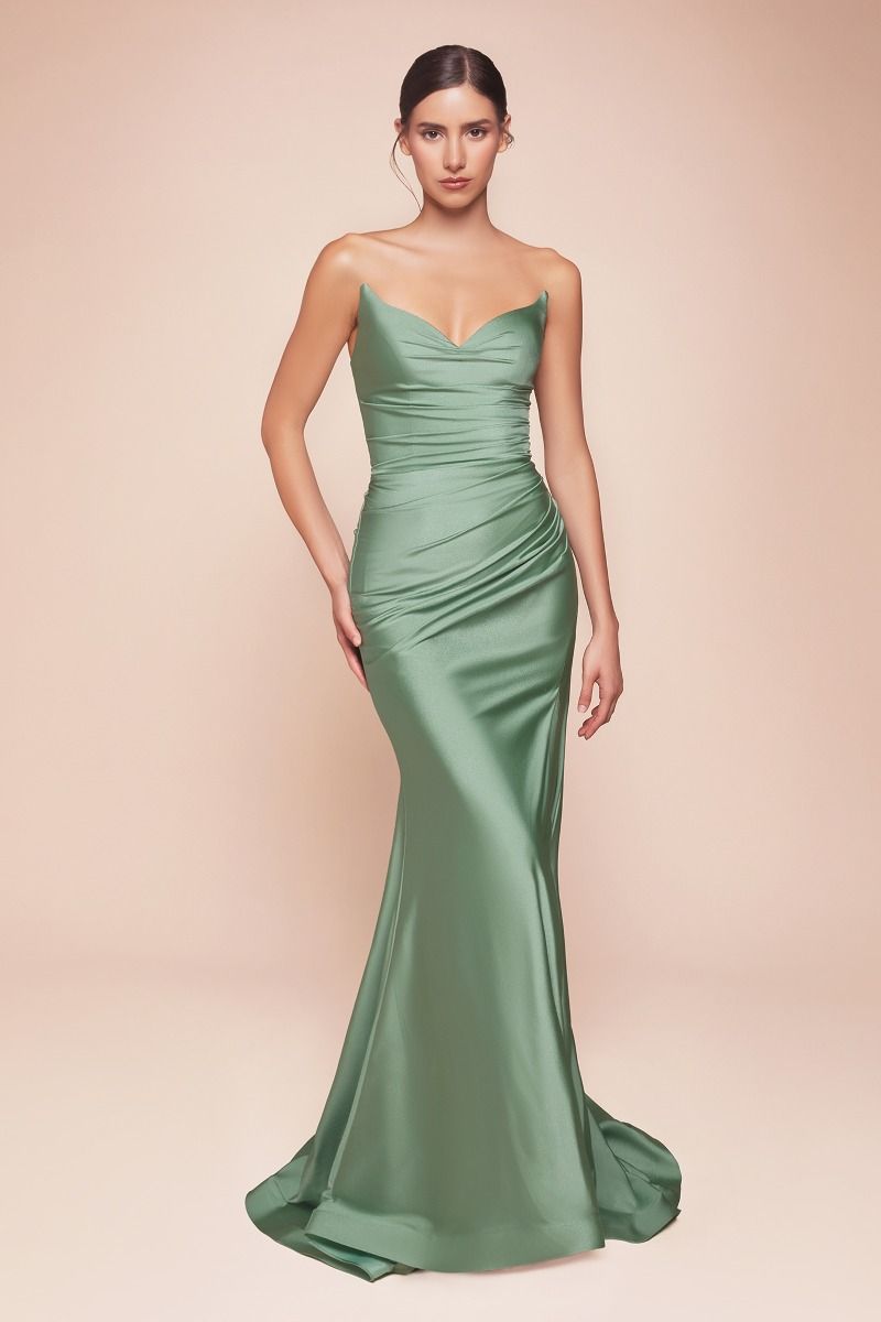 La Divine CD791 Fitted Stretchable Gown Sleeveless Front Leg Slit Ruched Bodice; Perfect for Bridesmaids Dark Sage / 4
