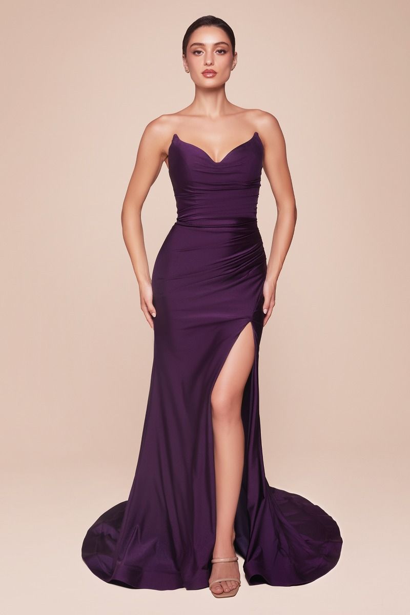 La Divine CD791 Fitted Stretchable Gown Sleeveless Front Leg Slit Ruched bodice; Perfect for Bridesmaids Eggplant / 8 La Divine CD791 Fitted Stretchable Gown Sleeveless Front Leg Slit Ruched bodice; Perfect for Bridesmaids Eggplant / 8