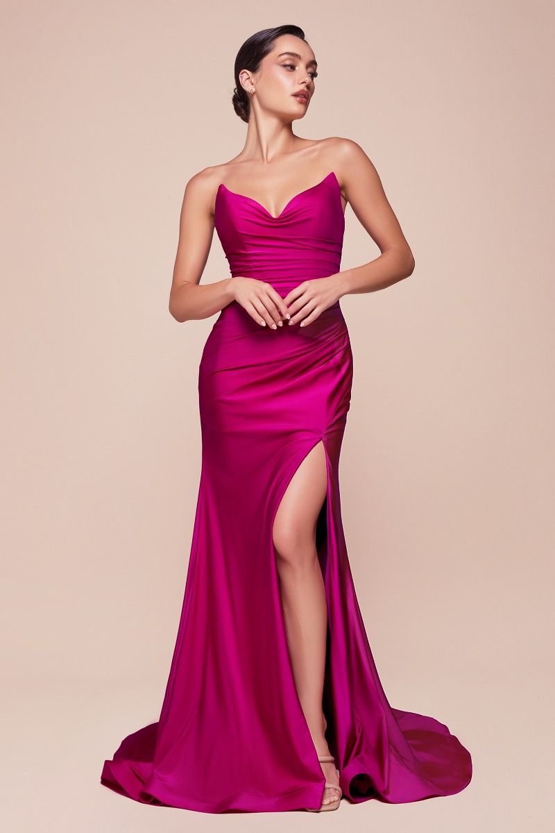La Divine CD791 Fitted Stretchable Gown Sleeveless Front Leg Slit Ruched Bodice; Perfect for Bridesmaids Magenta / 14 La Divine CD791 Fitted Stretchable Gown Sleeveless Front Leg Slit Ruched Bodice; Perfect for Bridesmaids Magenta / 14